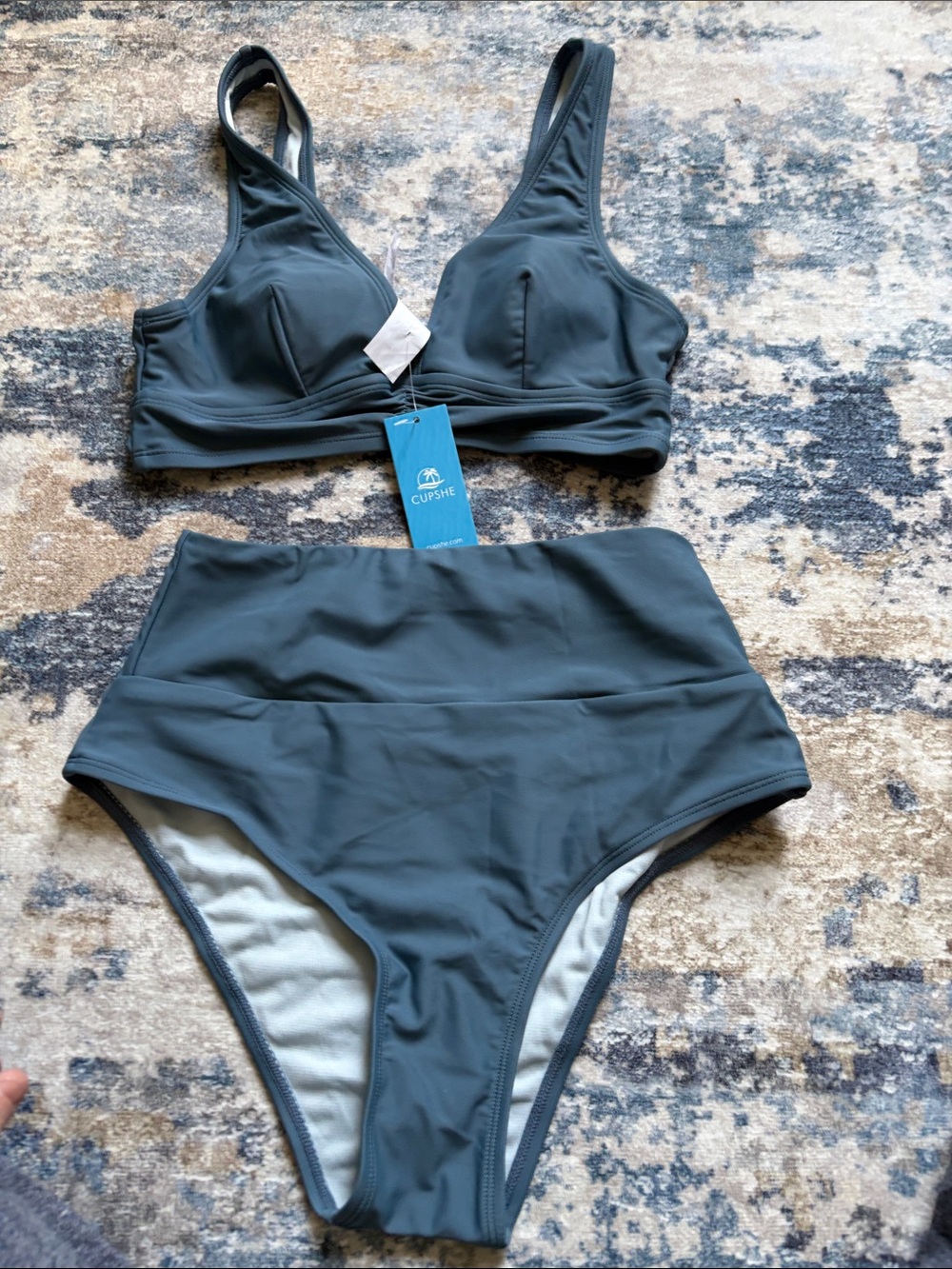 Cupshe Slate Blue Supportive Bralette & High-Waist Bikini Set
